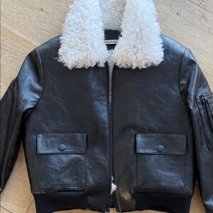 Alice + Olivia Black Bomber Jacket with White Shearling Collar